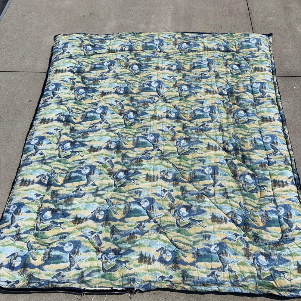 Vintage Wildlife Flying Ducks Sleeping Bag Quilt Navy Blue Cabin Lodge Decor